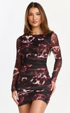 Zita Mini Dress High Neck Long Sleeve Bodycon Mesh Dress in Botanical Haze