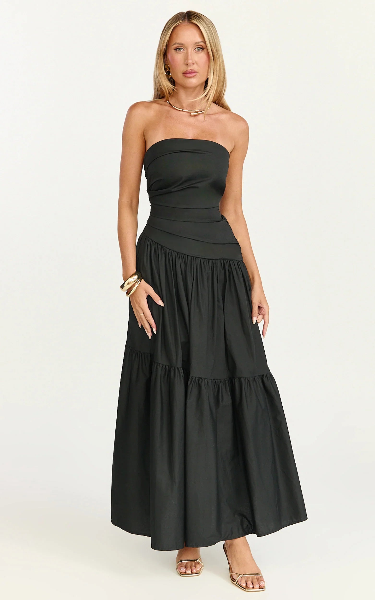 Cora Midi Dress Strapless Dress in Black