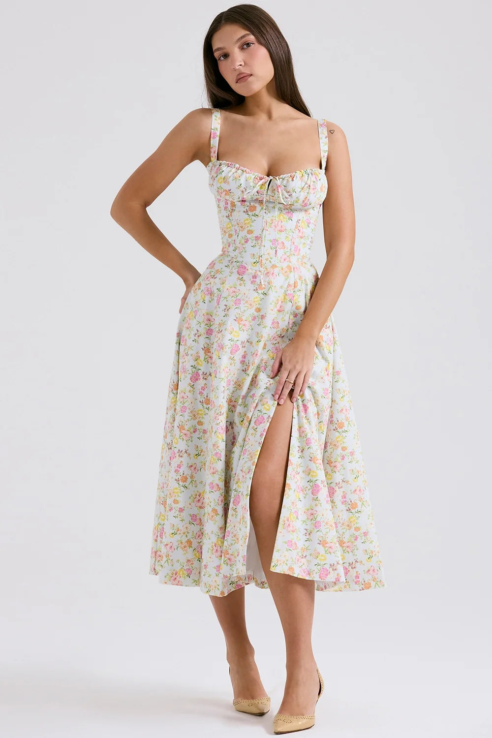 pale blue meadow print cotton bustier sundress