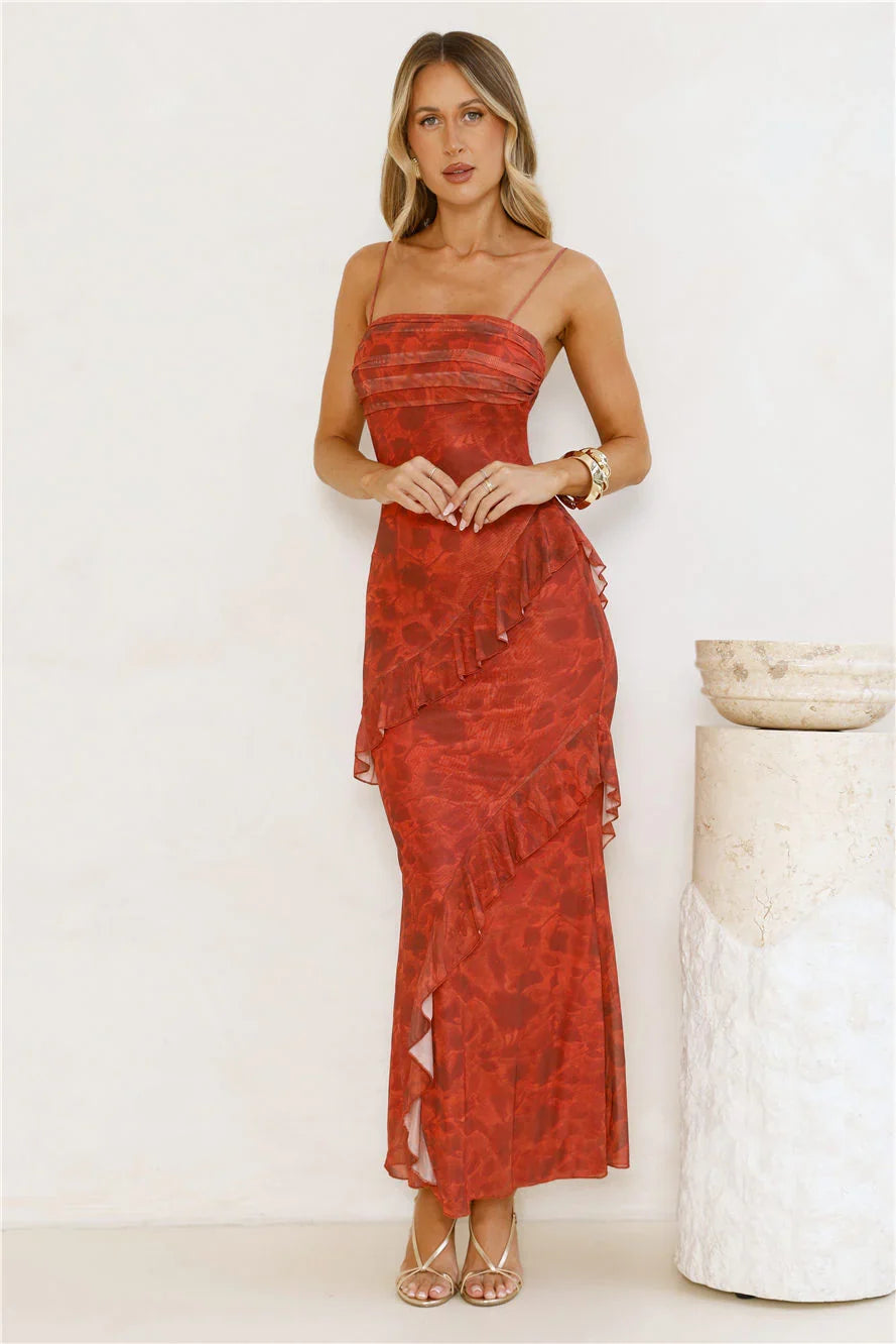Gilded Muse Mesh Maxi Dress Red