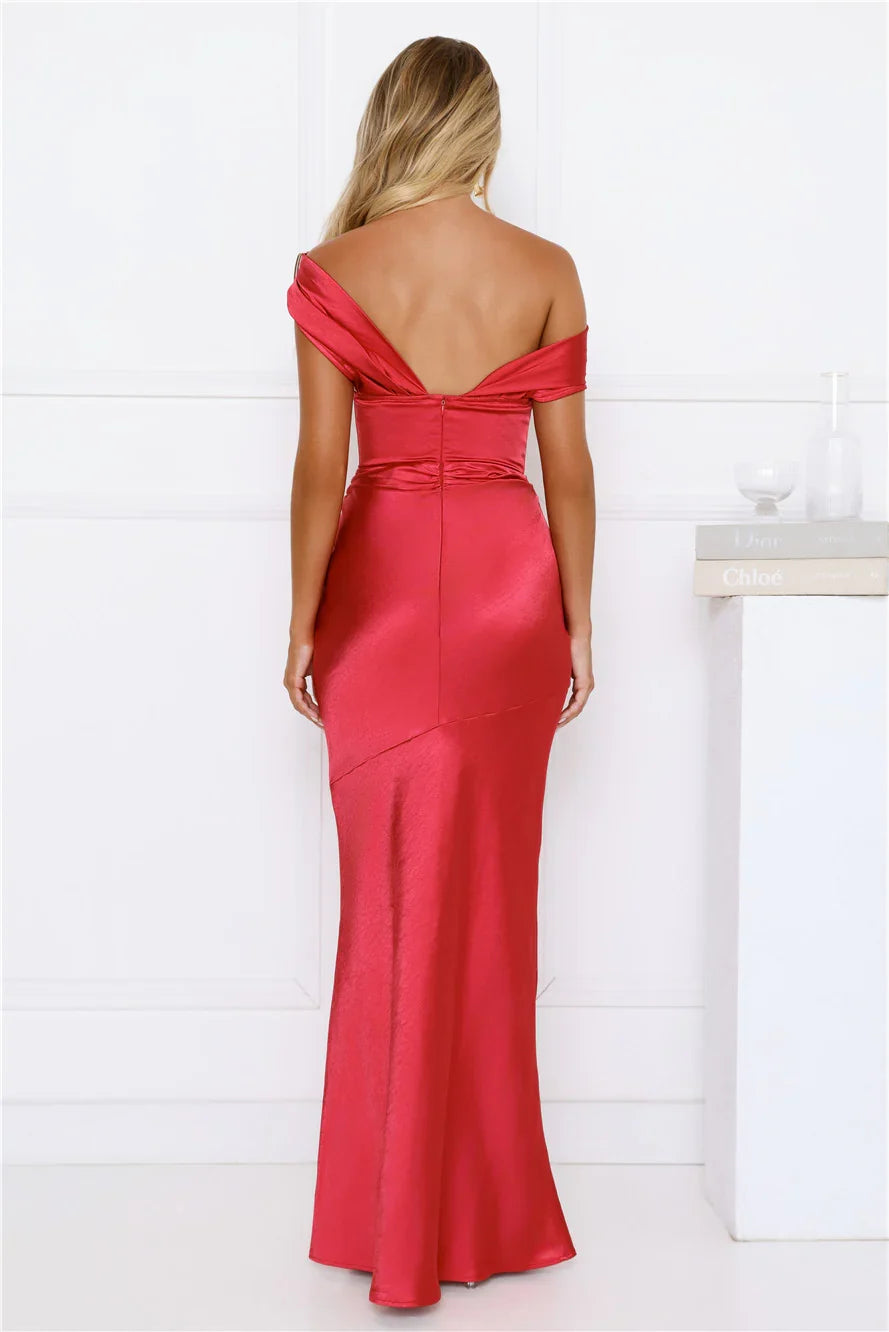 Shes A Dream Satin Off Shoulder Maxi Dress Red