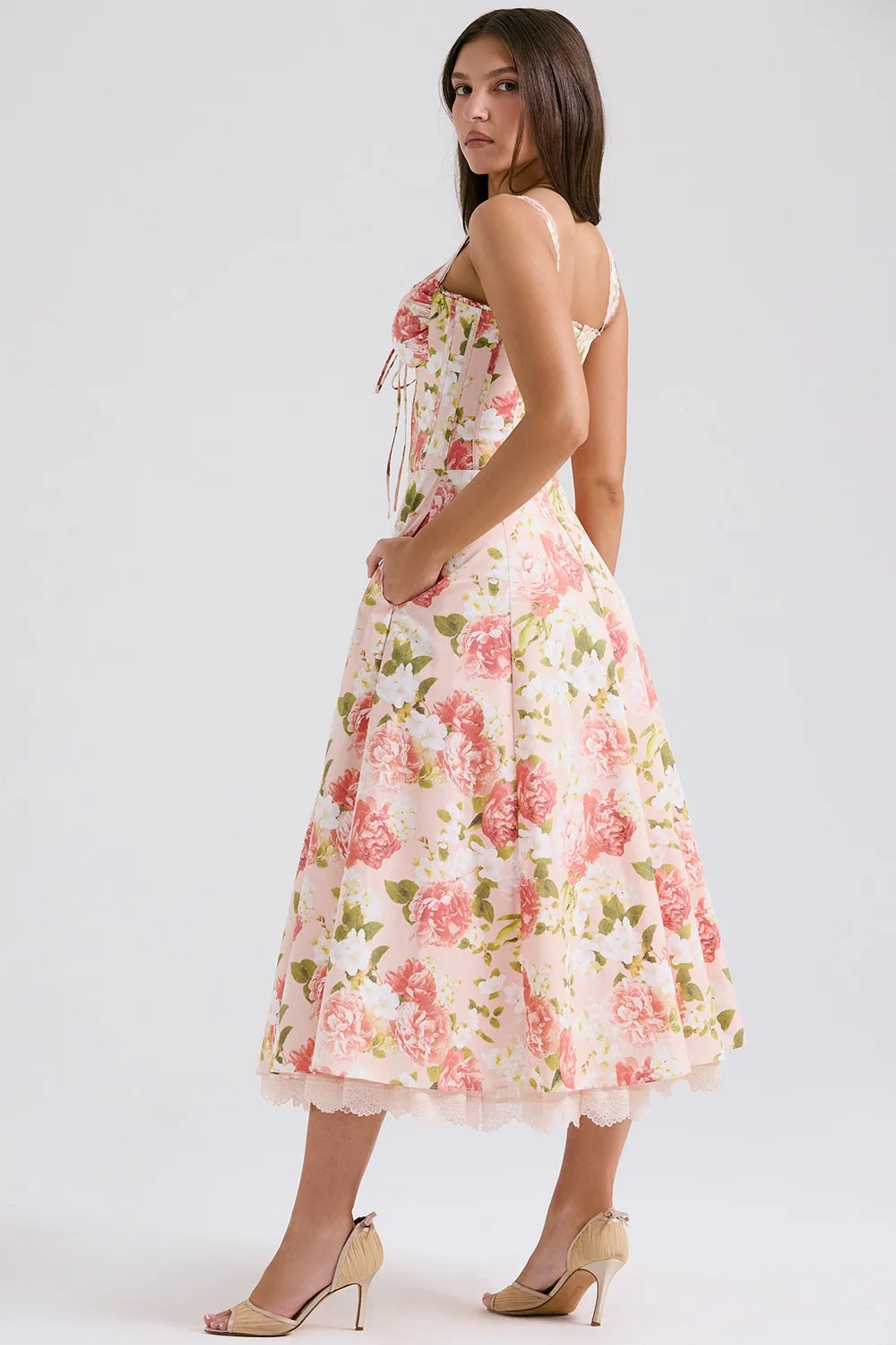 pink peony print cotton bustier sundress