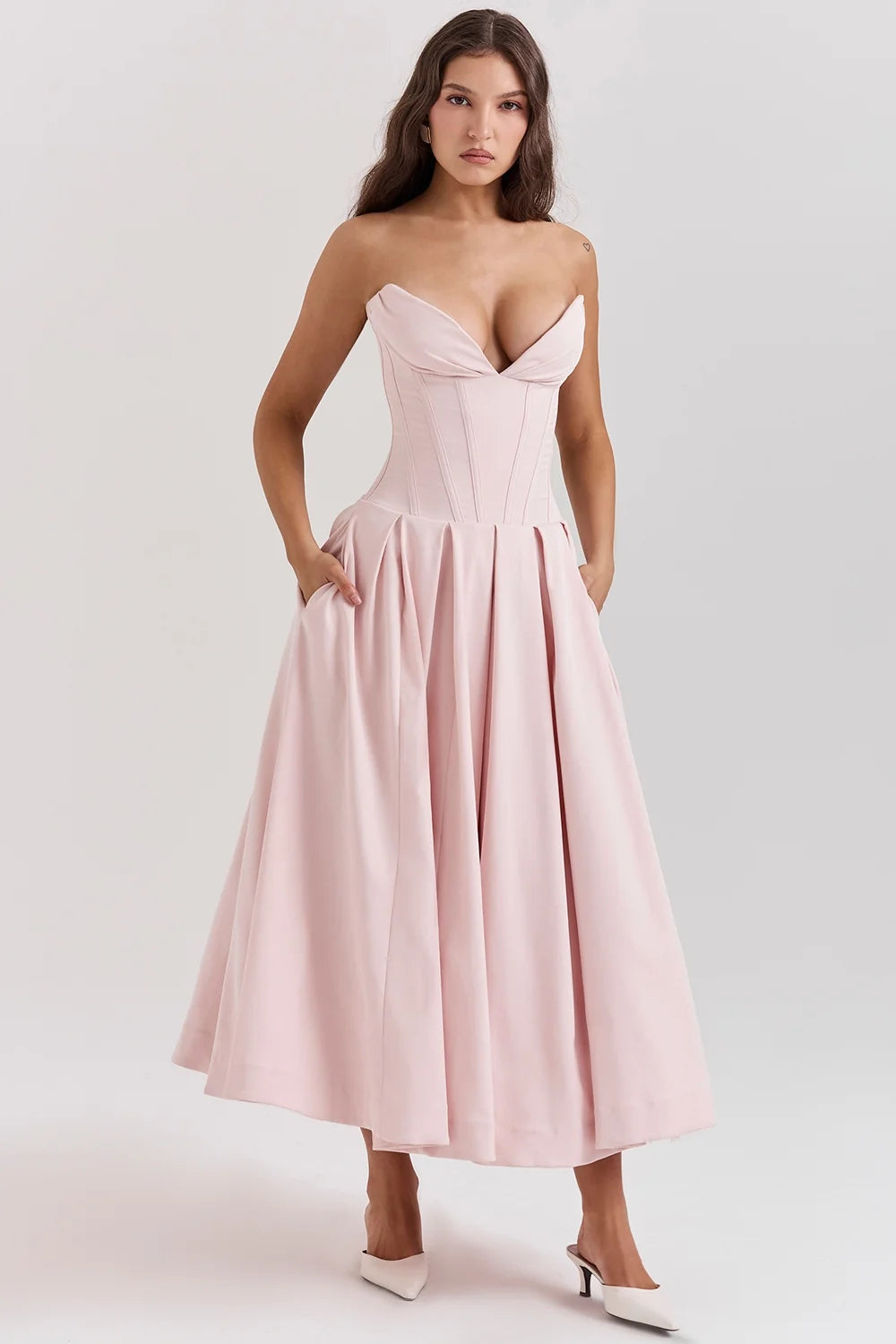ballerina pink strapless midi dress