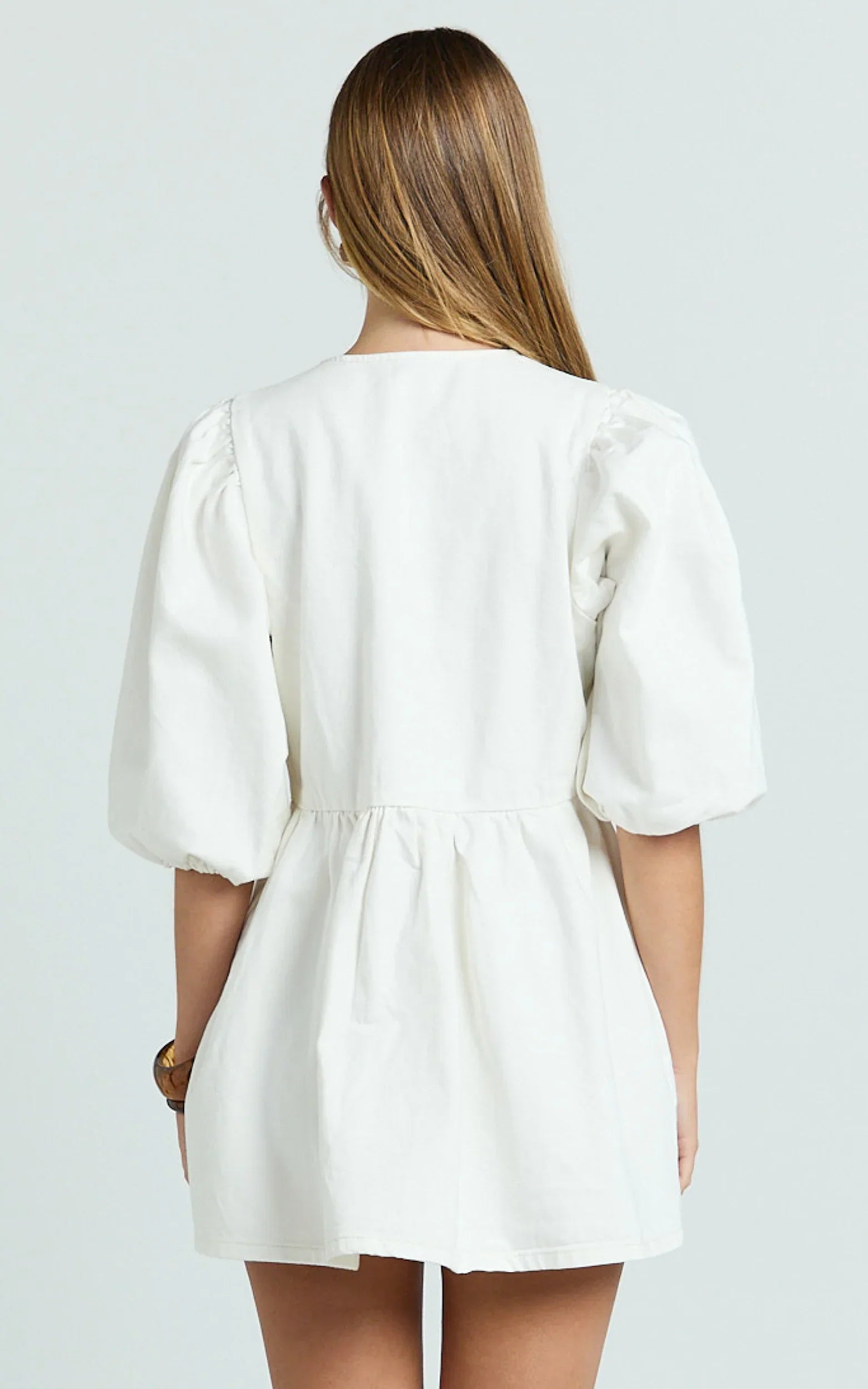 Shailene Mini Dress Tie Front Puff Sleeve Recycled Denim Dress in Ecru
