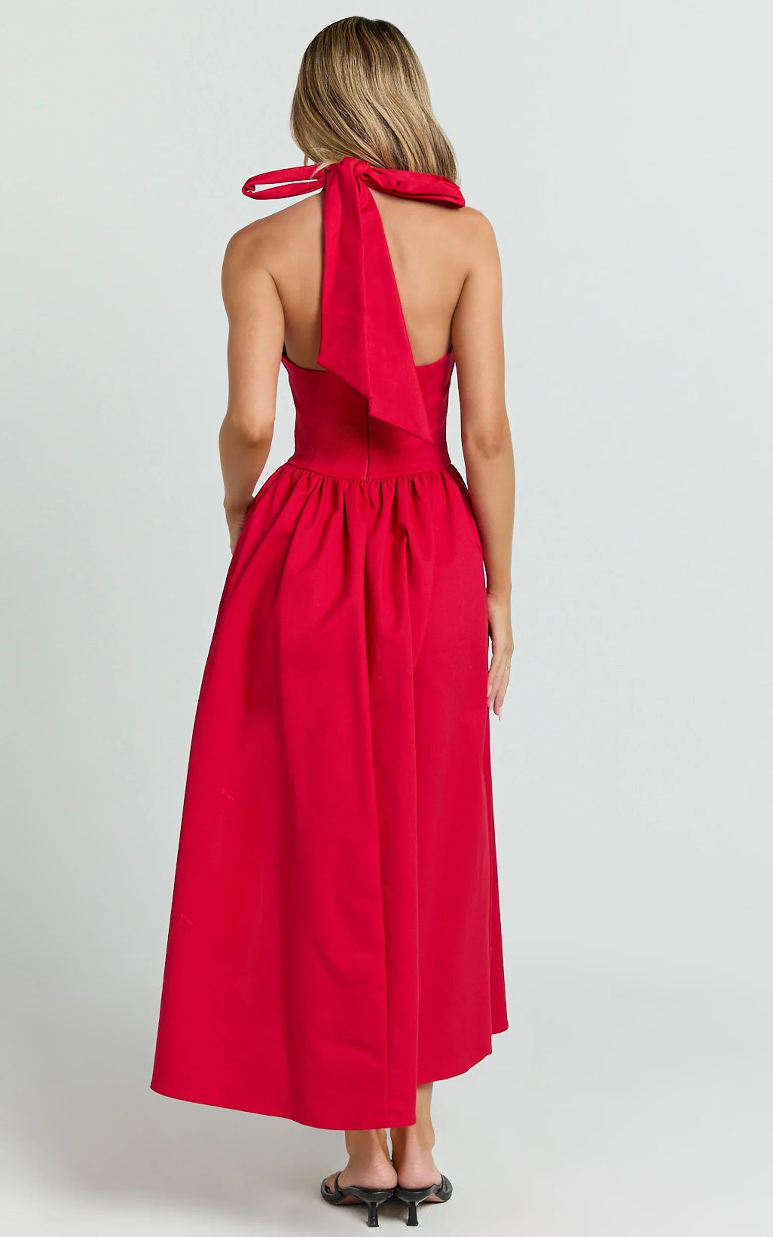 Helda Midi Dress Halter Tie Neck Corset Panel Dress in Red