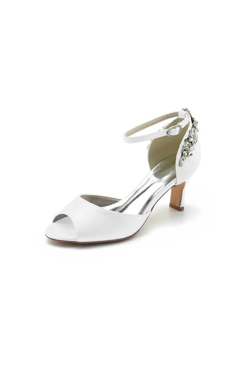 Satin Ankle Strap Rhinestone Chunky Heels