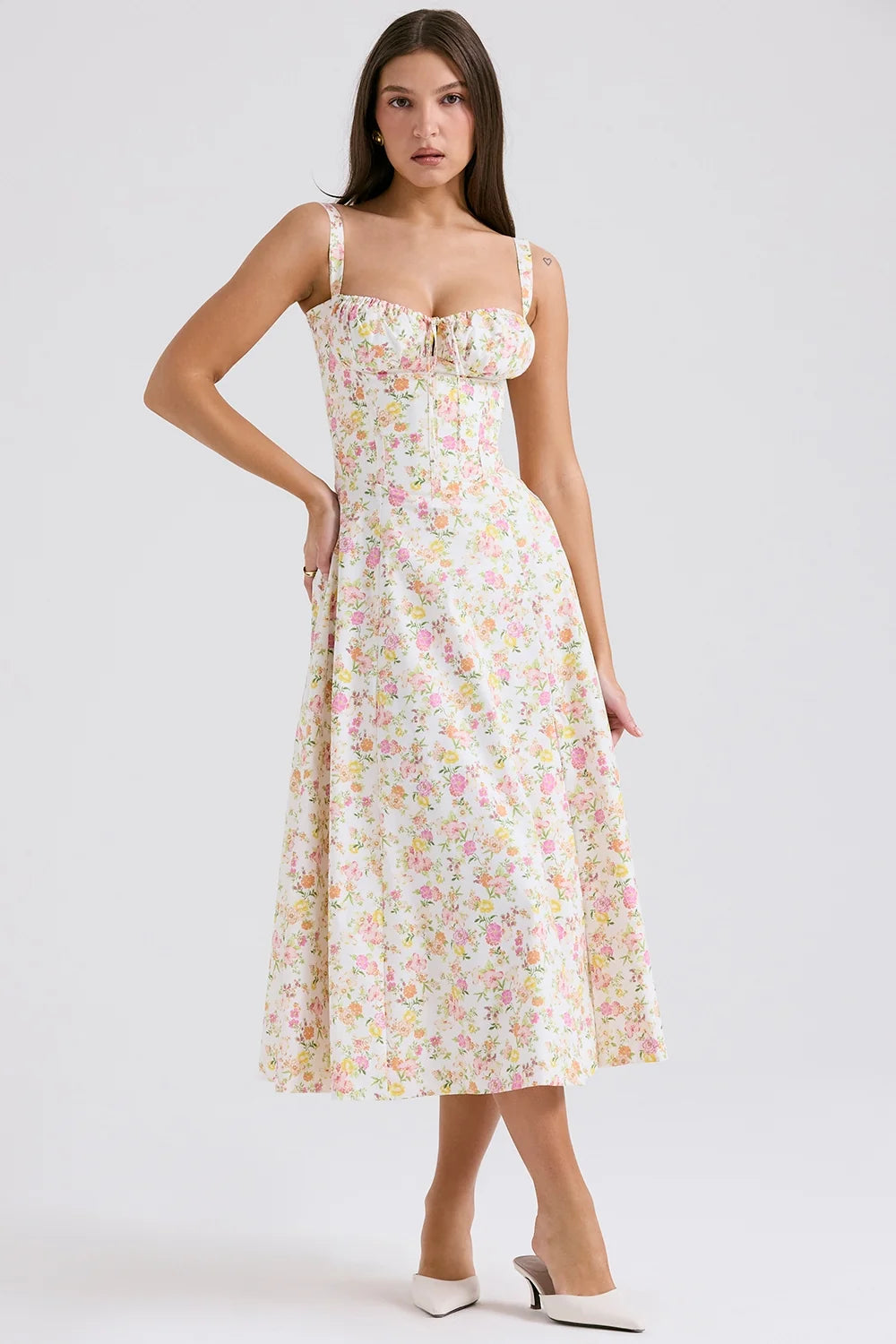 ivory meadow print cotton bustier sundress