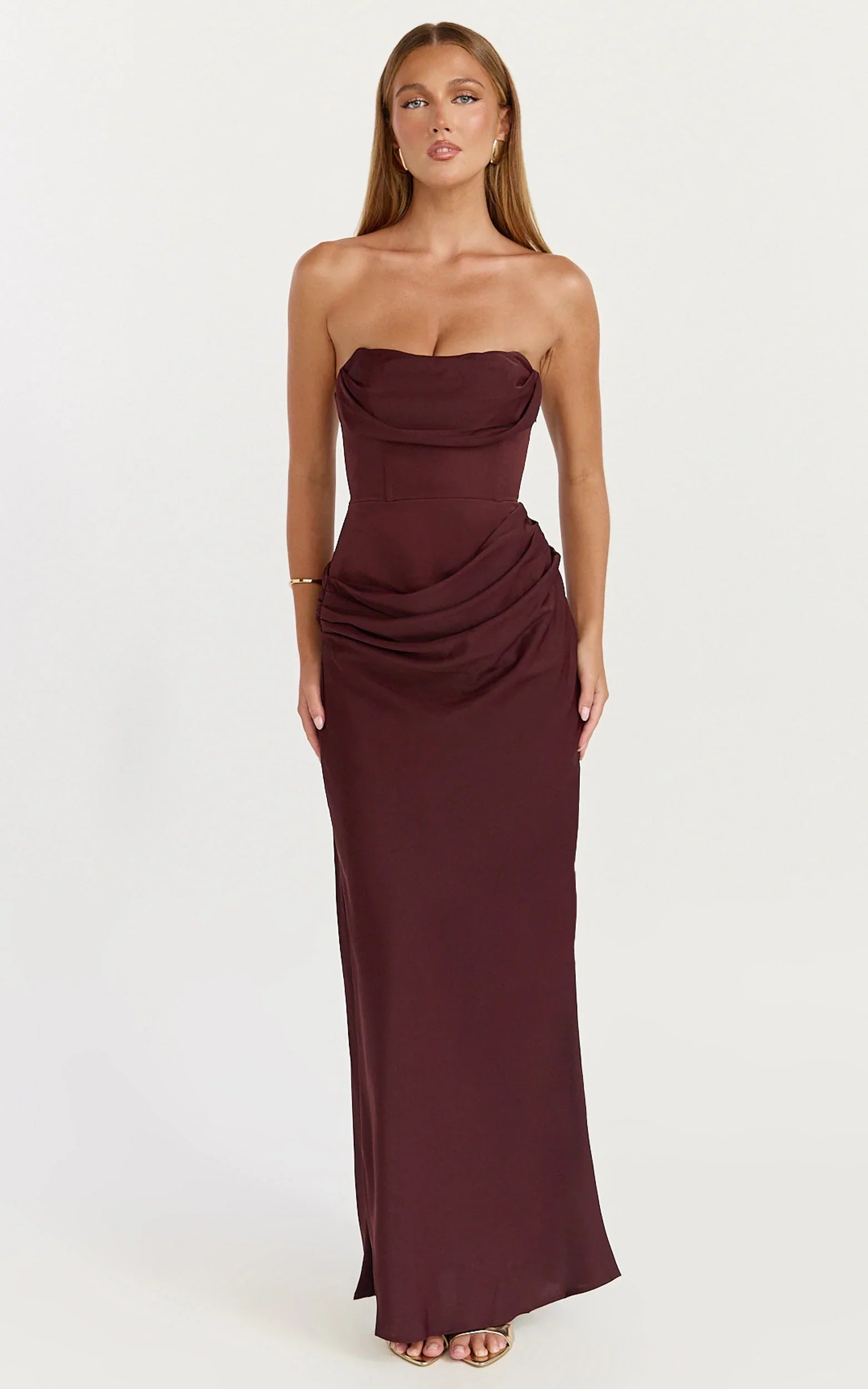 Phoebe Maxi Dress Strapless Structured Bodice Drape Skirt Dress in Plum