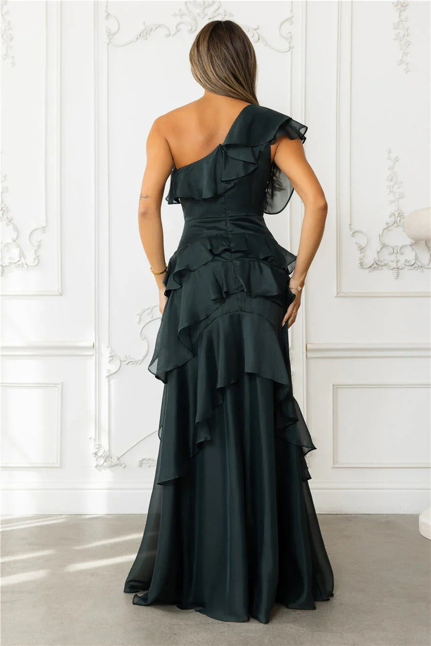 Autumns Embrace One Shoulder Maxi Dress Hunter Green