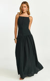 Cortez Maxi Dress Square Neck Button Down Dropped Waist Dress in Black