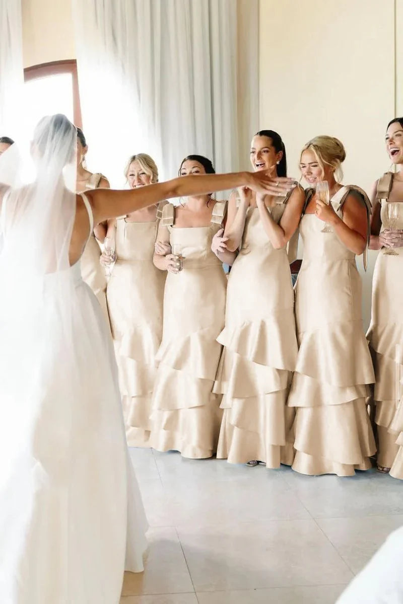 Light Blue Straps with Bows Mermaid Satin Tiered Long Bridesmaid Dress