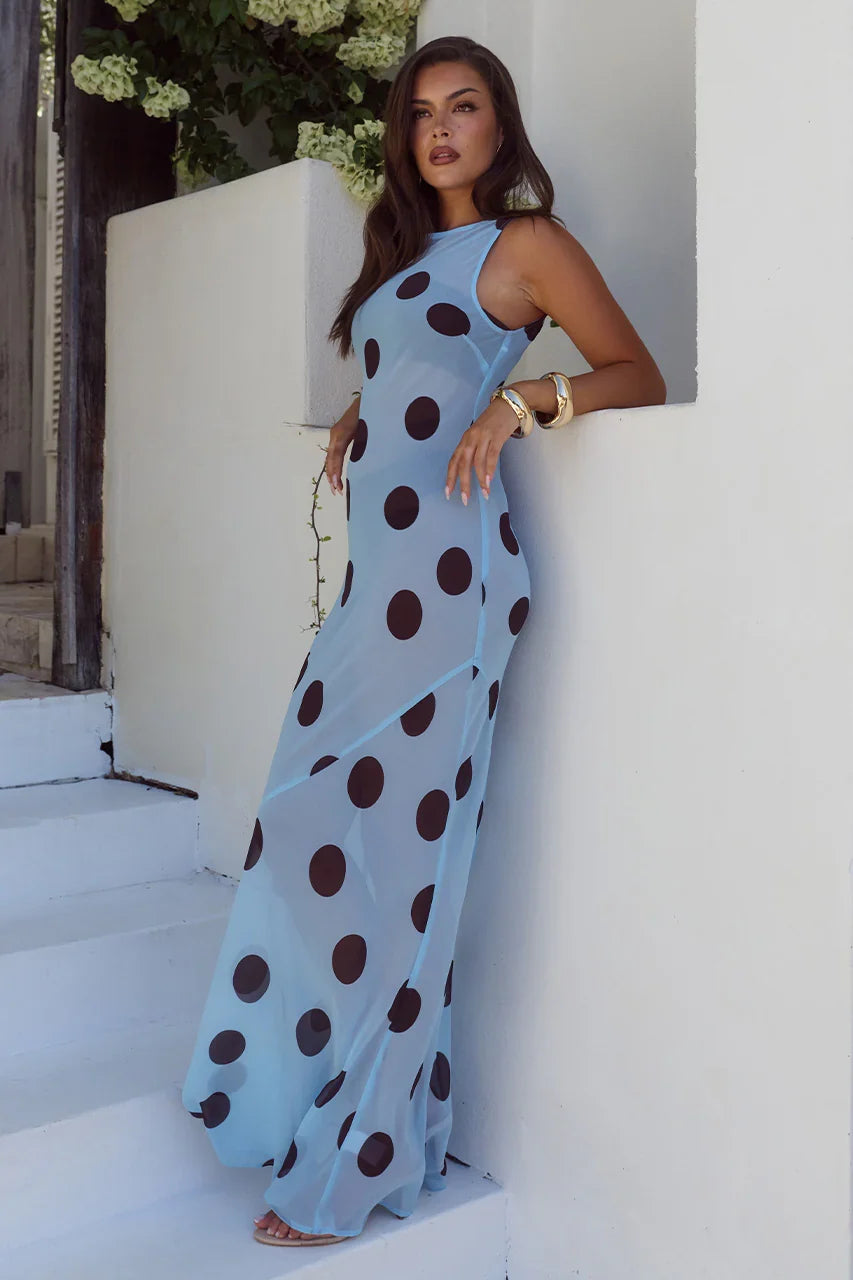 TERA HIGH NECK MAXI DRESS SKY BLUE CHOC POLKA