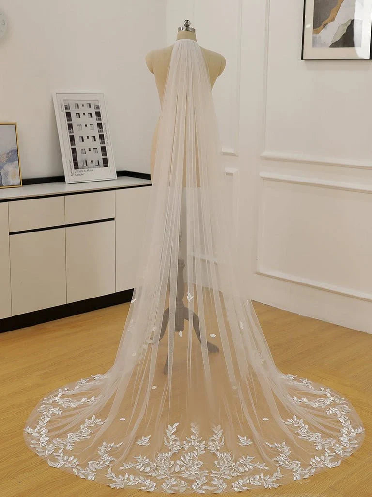 Simple Leaves Lace Chapel Train Veil Bridal Veil Wedding Veil