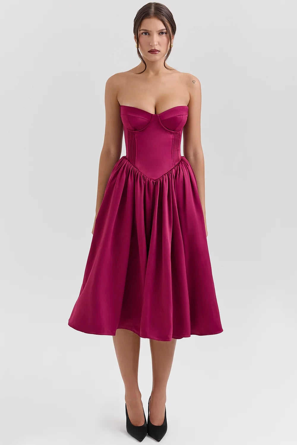 burgundy satin tulle midi dress sale