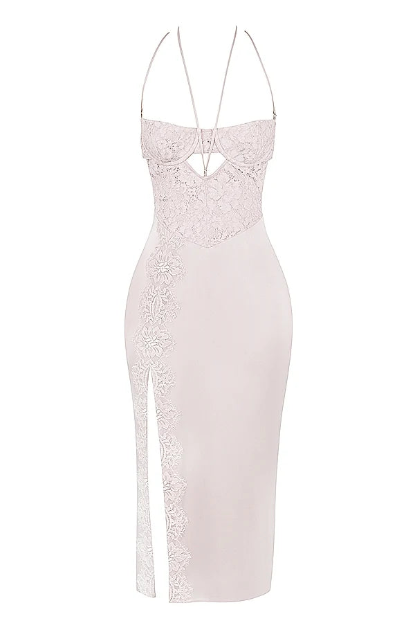 crystal satin and lace midi dress