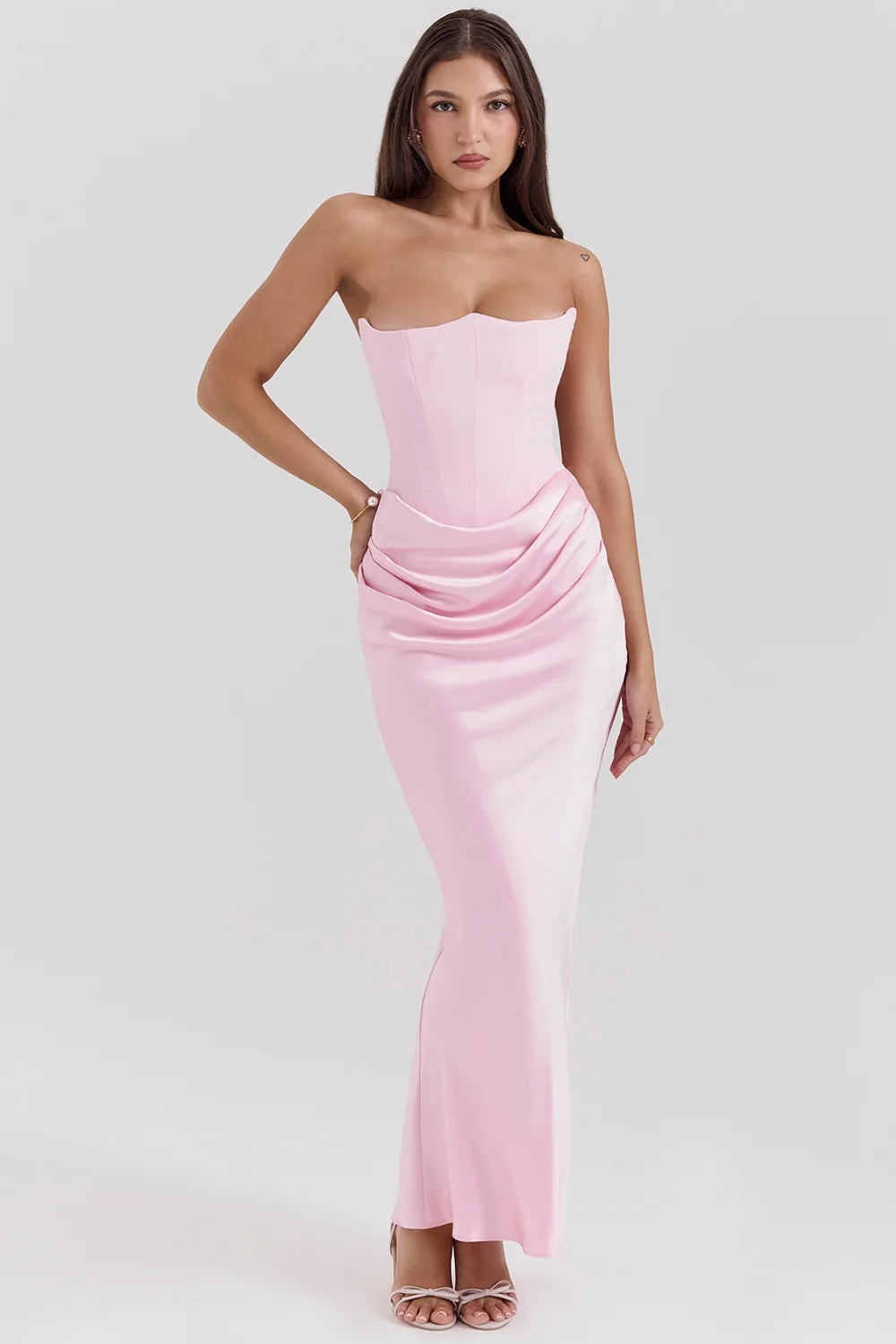 rose shadow strapless corset maxi dress