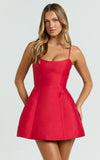 Carolina Mini Dress Scoop Neck Panel Bodice Dress in Red