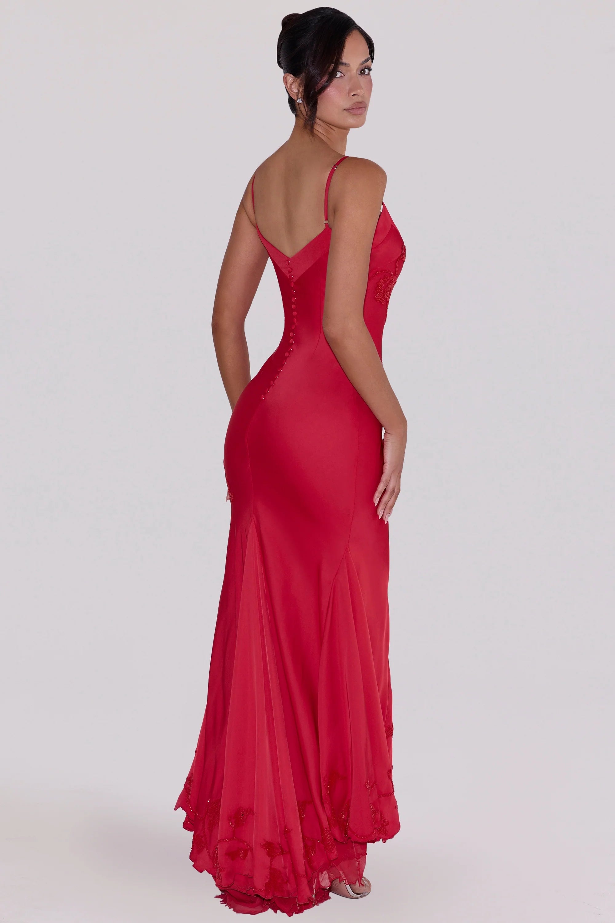 red hand beaded embellished satin maxi dress limited edition