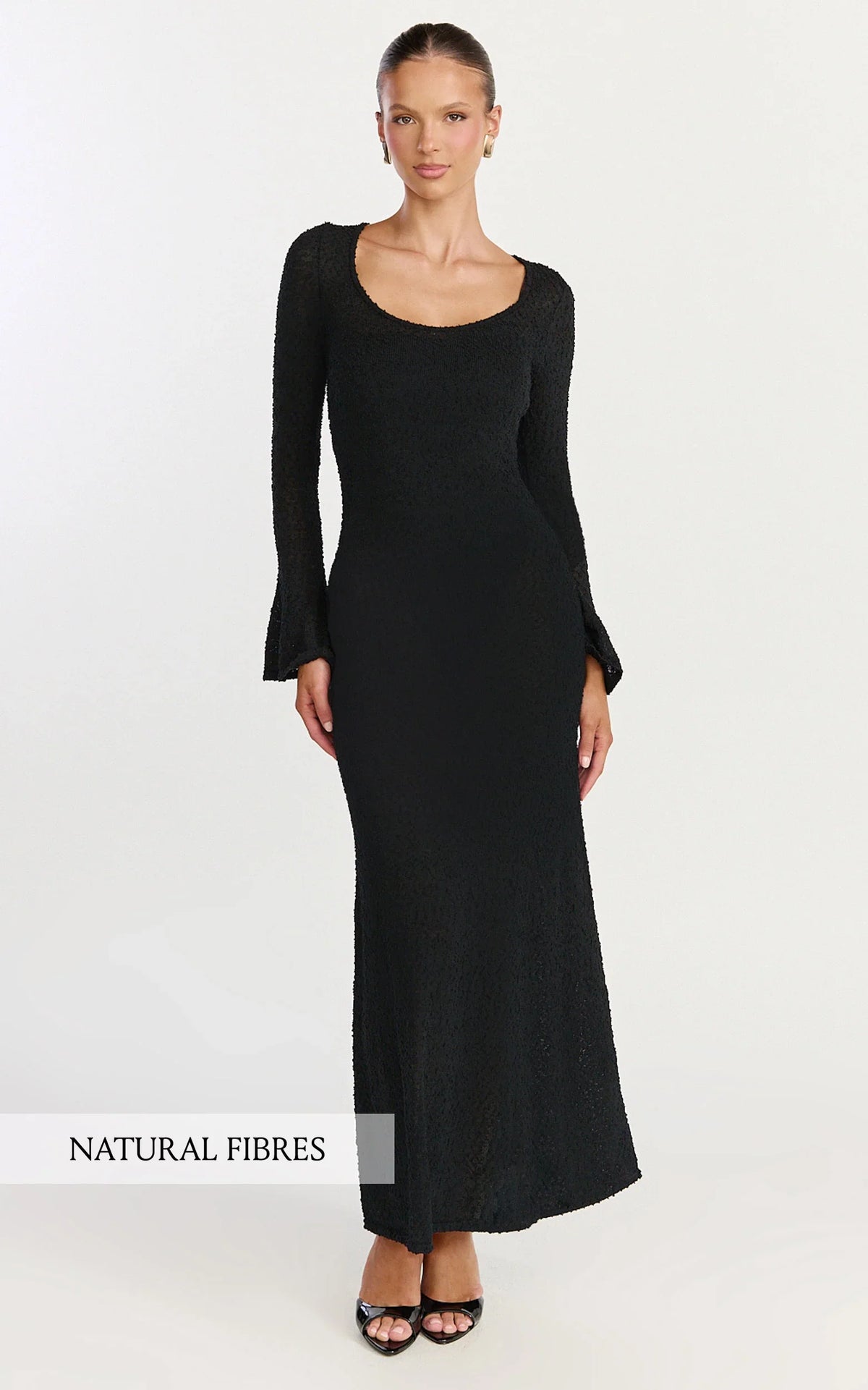 Michelle Maxi Dress Scoop Neck Flute Sleeve Knit Maxi Dress in Black