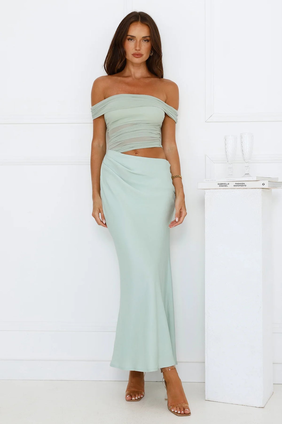 Velvet Sky Off Shoulder Mesh Maxi Dress Sage