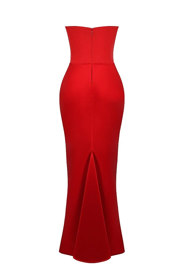scarlet strapless corset maxi dress