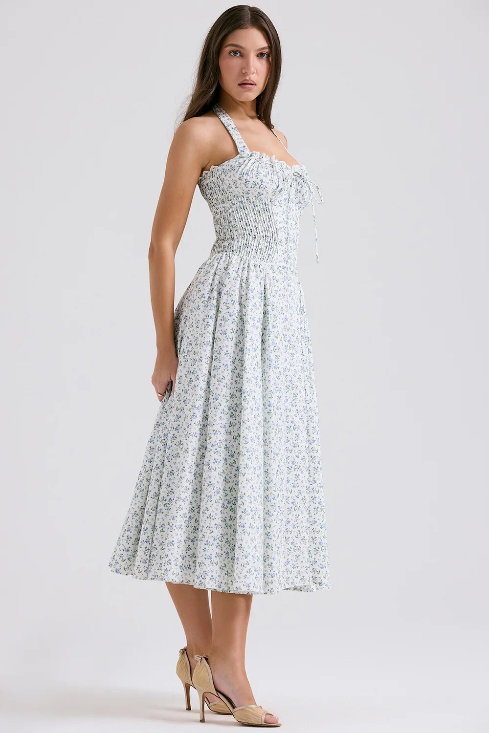white bluebell print cotton halter sundress