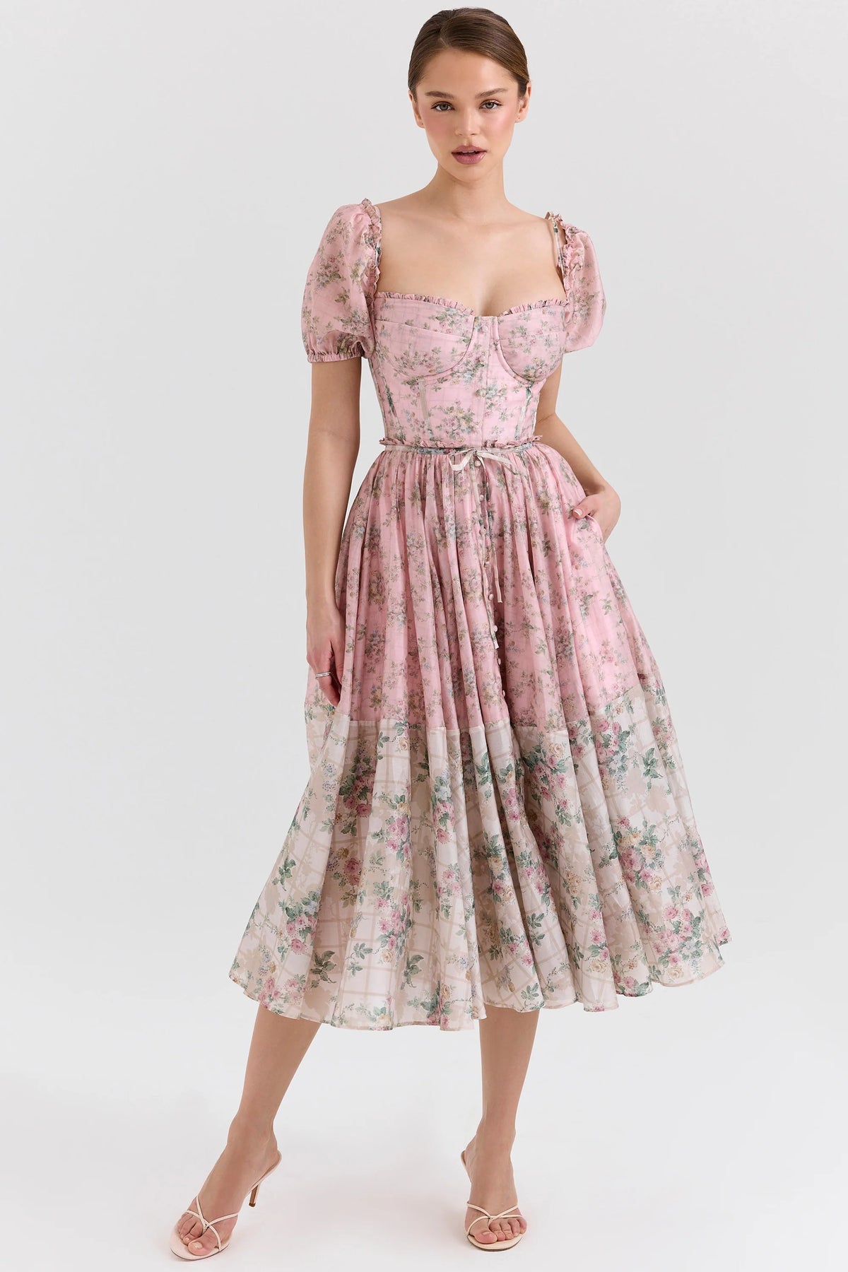 pink floral chiffon midi dress