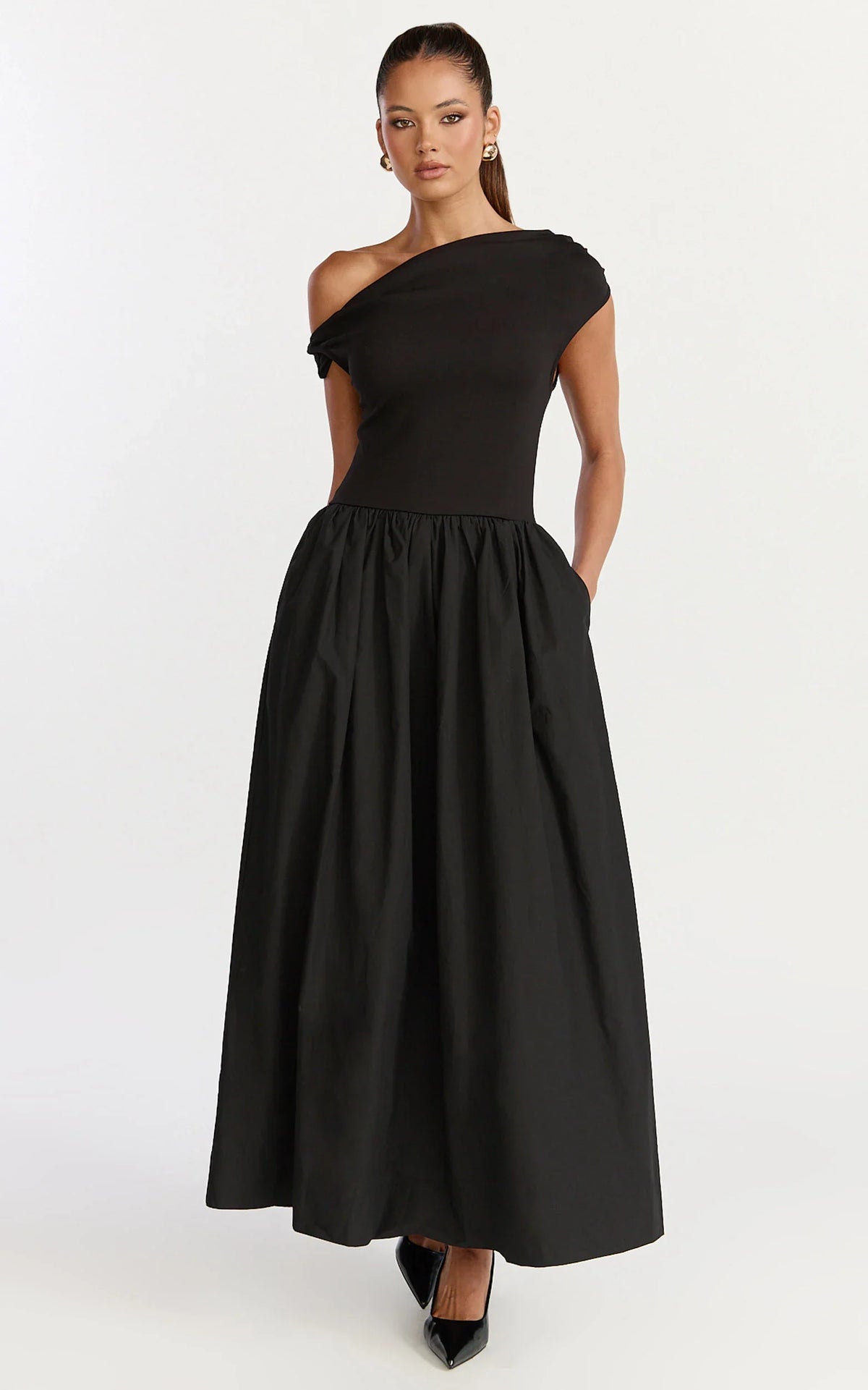 Jhamie Midi Dress One Shoulder Contrast Skirt Dress in Black