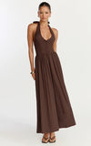 Everly Midi Dress Tie Halter Neck Button Down Bodice Fit And Flare Dress in Chocolate