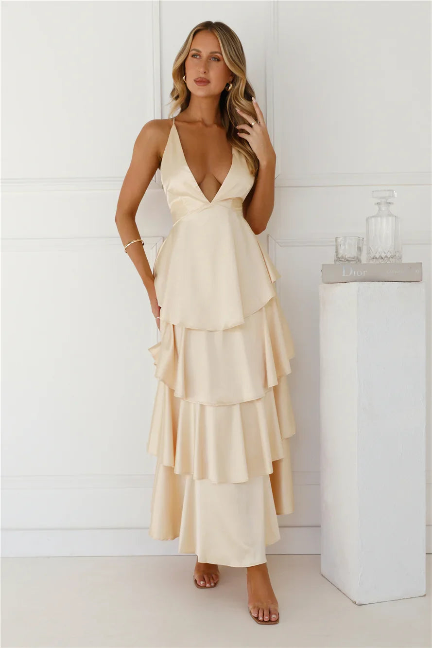 Party Of The Year Satin Maxi Dress Yellow