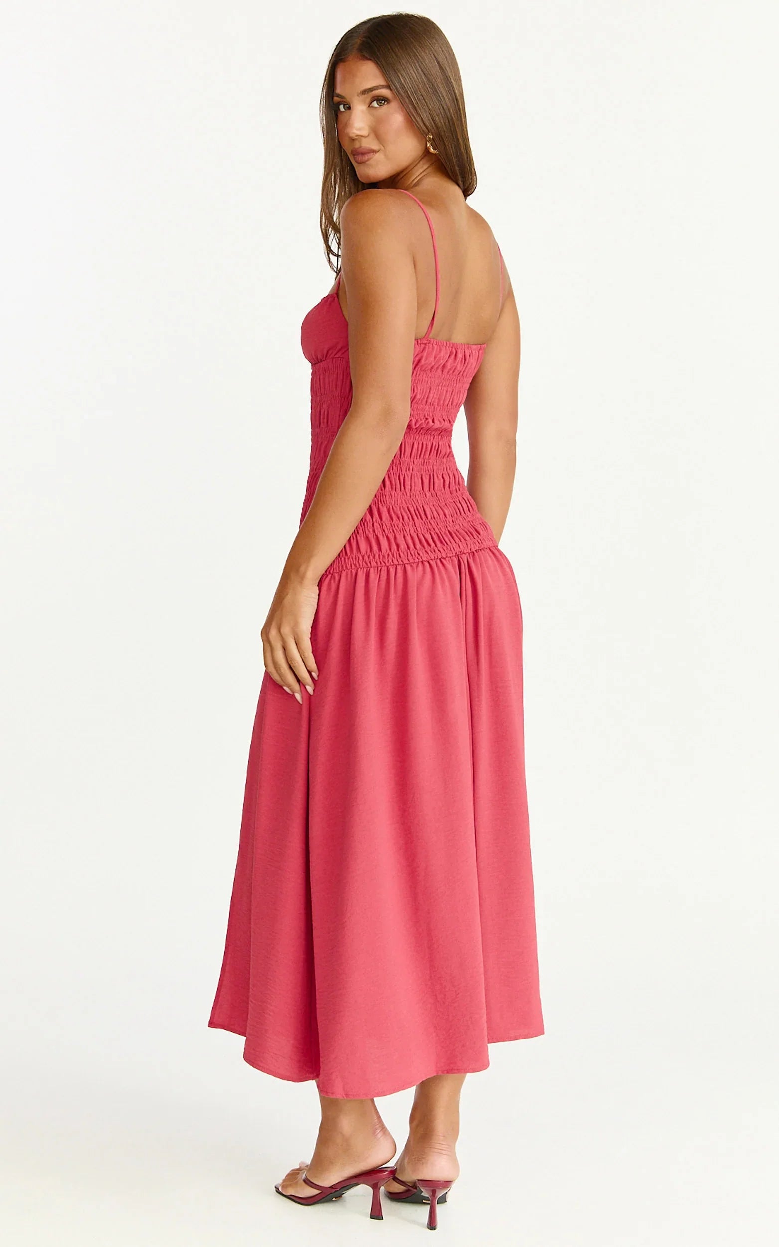 Eloise Midi Dress Shirred Bodice Split Leg A Line Dress in Rose