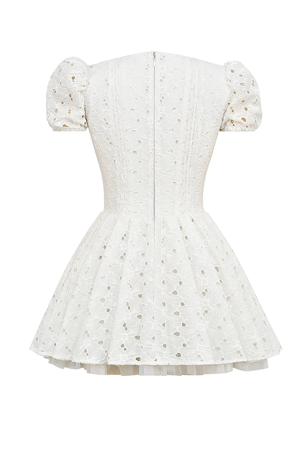 white pleated broderie anglais mini dress