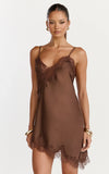 Iris Mini Dress Lace Trim Asymmetrical Camisole Dress in Chocolate