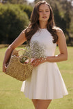 white pleated cotton mini dress
