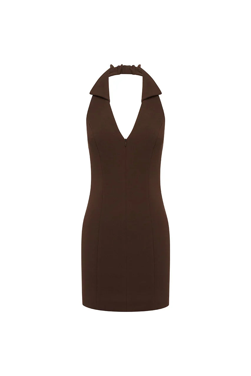 ARCHER COLLAR ZIP FRONT MINI DRESS BITTER CHOCOLATE