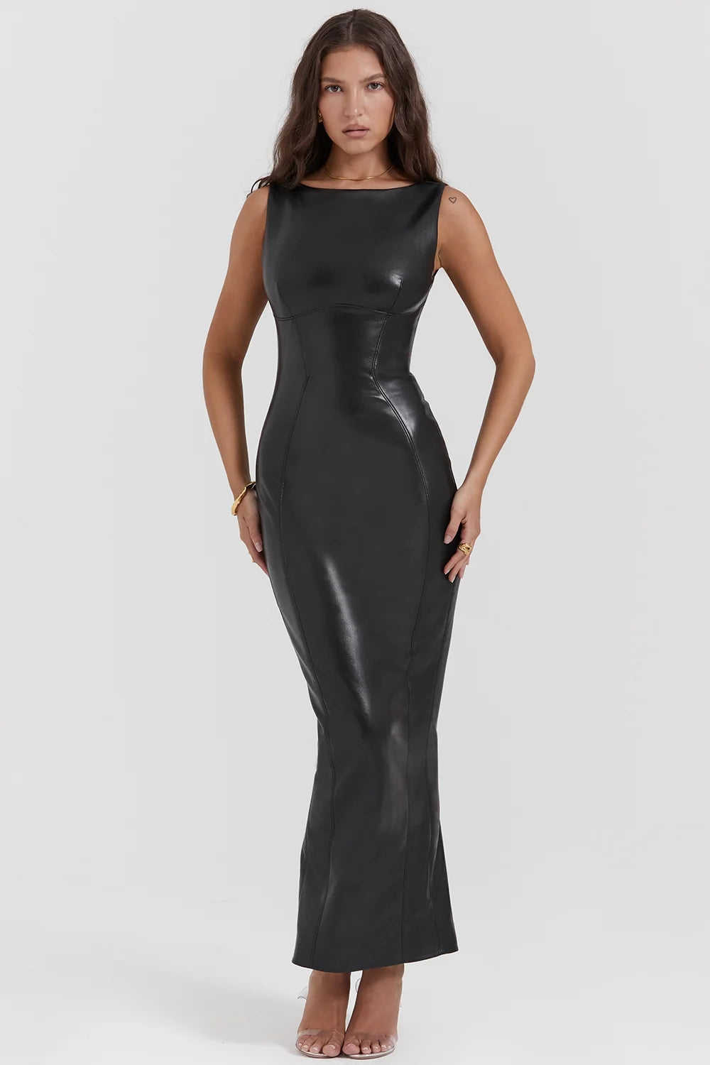 black vegan leather maxi dress