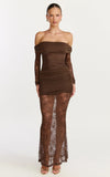 Juliet Maxi Dress Off Shoulder Long Sleeve Ruched Overlay Lace Dress in Choc