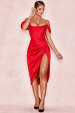 red satin off shoulder dress