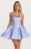 Maddy Mini Dress Square Neck Halter Fit And Flare Dress in Blue