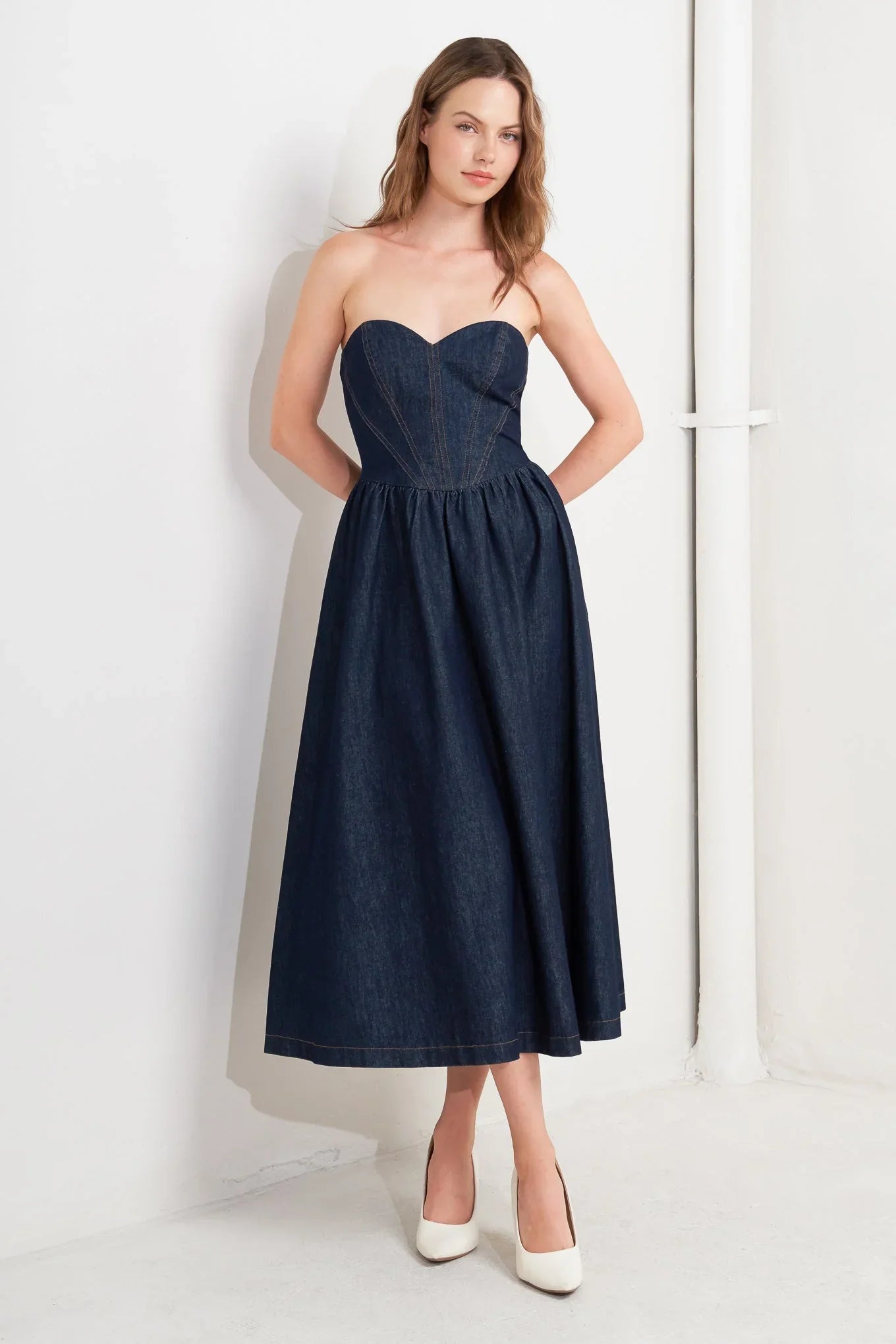 VINTAGE SIREN DARK DENIM MIDI DRESS