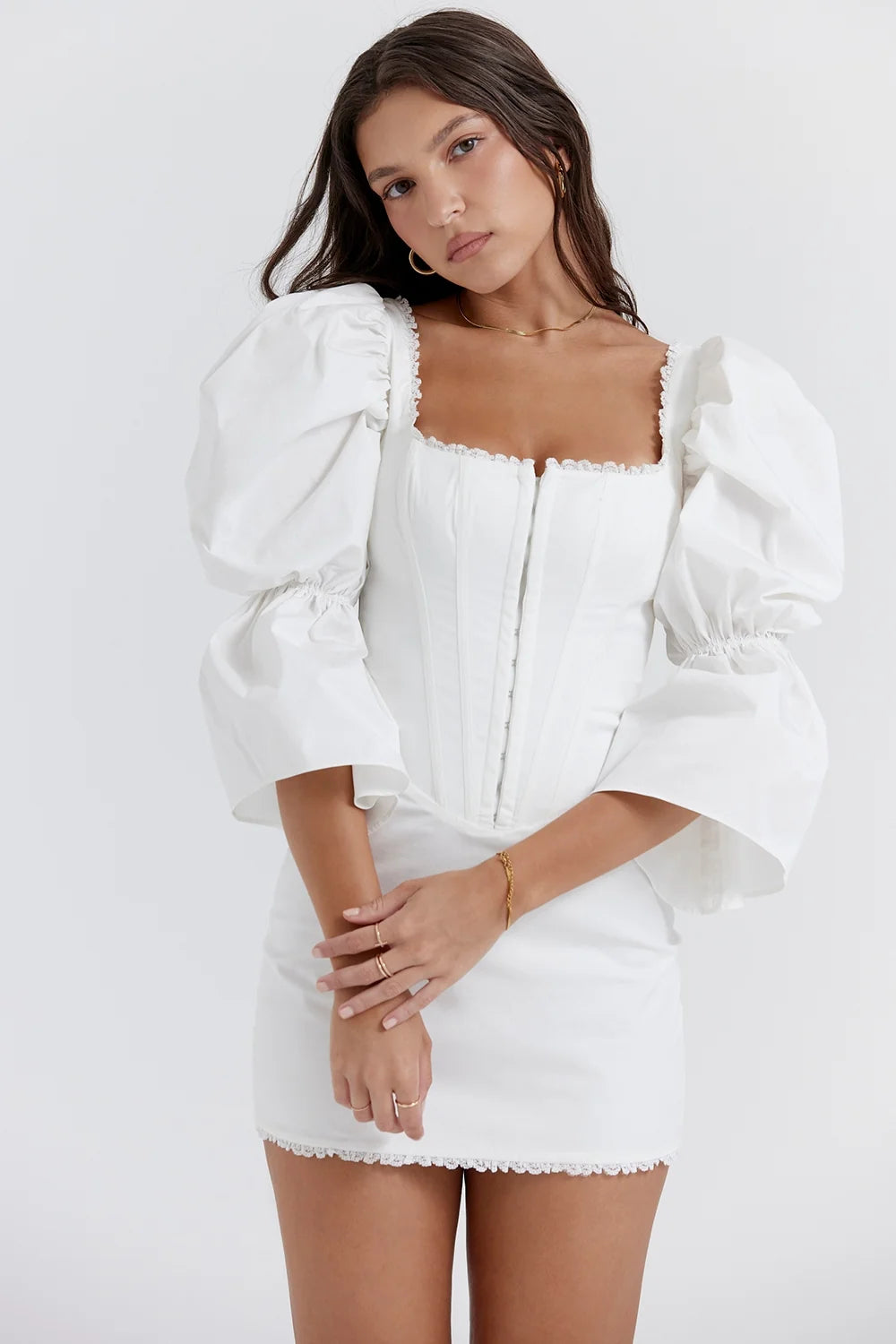 white puff sleeve corset dress