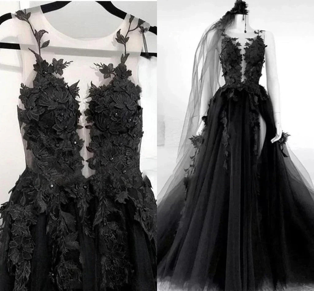 Sexy Black Lace Appliques Sleeveless Tulle Backless Wedding Dresses with Veil