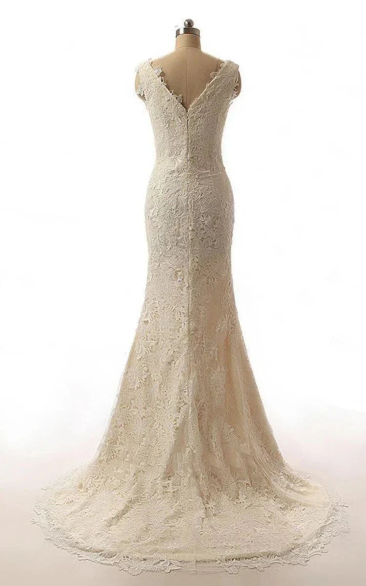 Mermaid Cap Sleeve Sweep Train Lace Wedding Dress