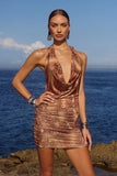 LOTUS HALTER COWL MINI DRESS TAN VIPER
