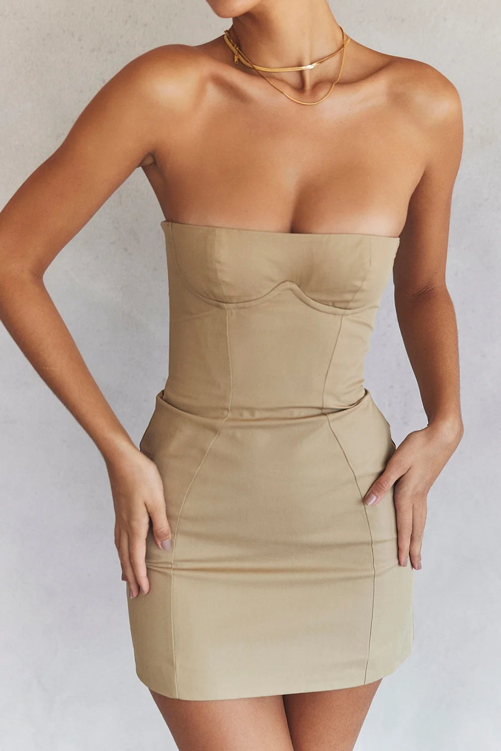 stone strapless mini dress