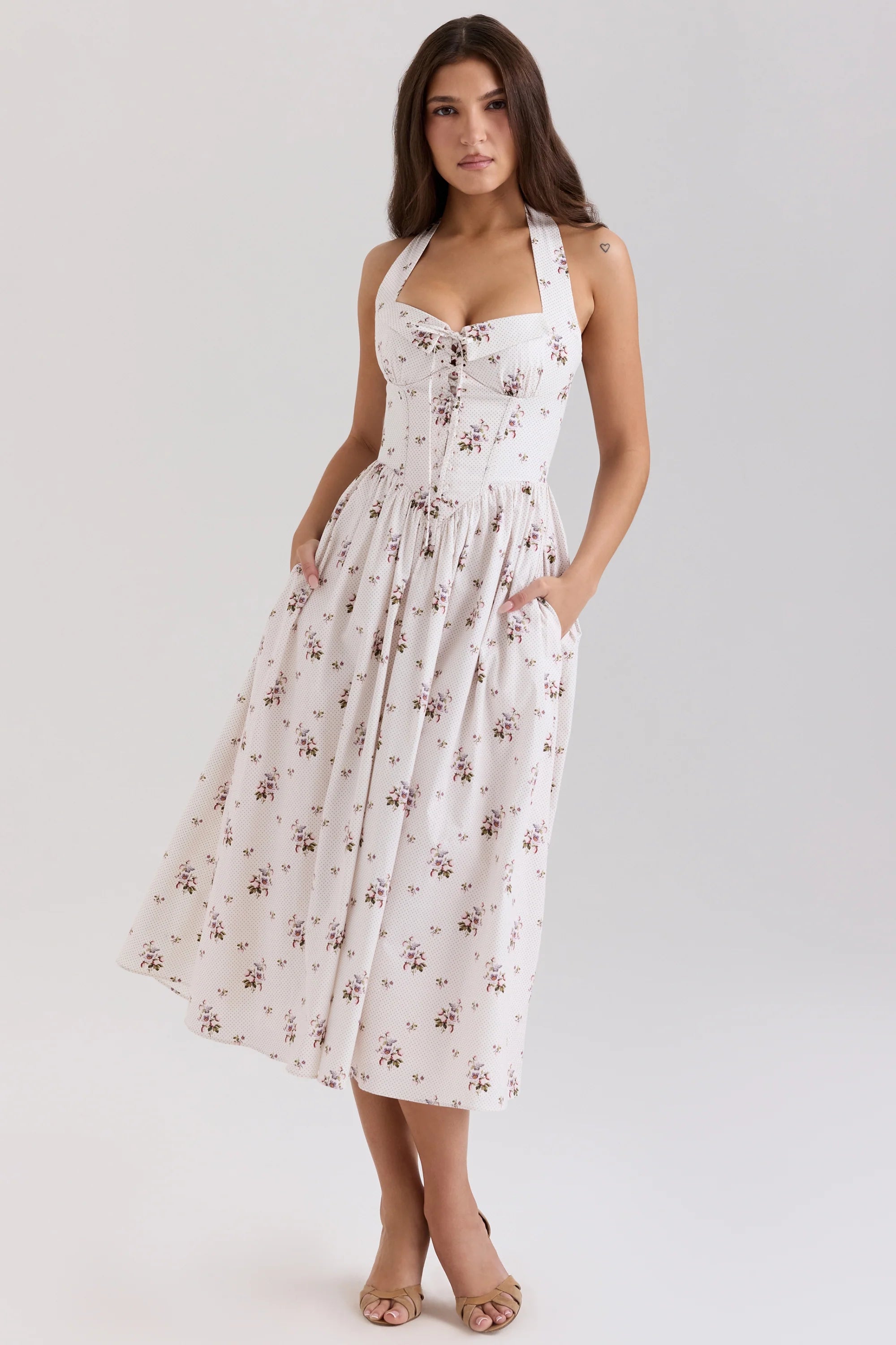 cream floral print stretch cotton halter neck midi dress