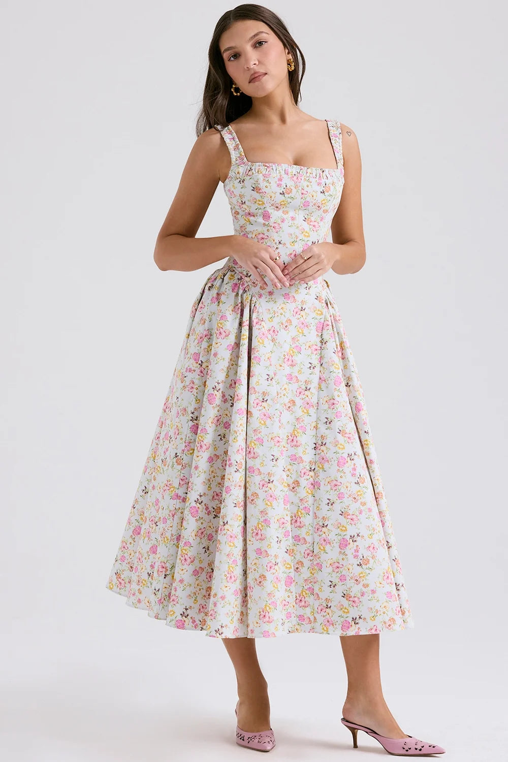 pale blue meadow print cotton midi sundress