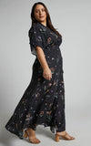 Erenza Maxi Dress Extended Sleeve Wrap Dress in Black Flower Field