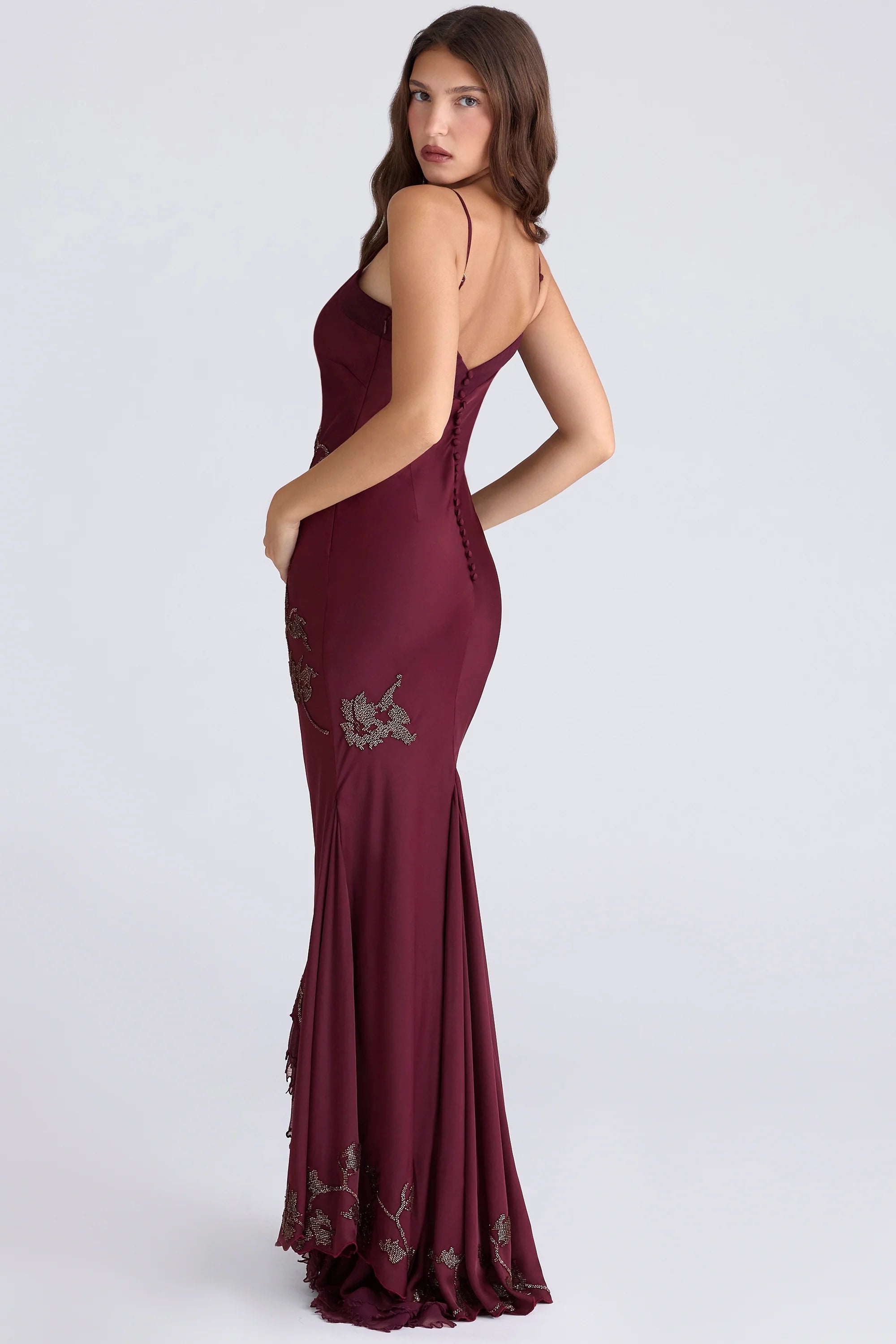 plum hand beaded embellished satin maxi gown limited edition