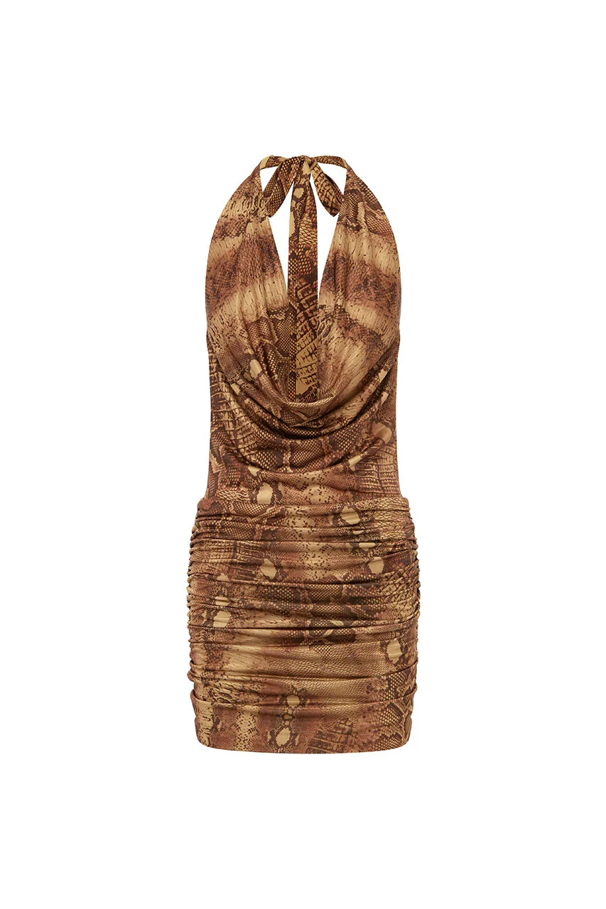 LOTUS HALTER COWL MINI DRESS TAN VIPER